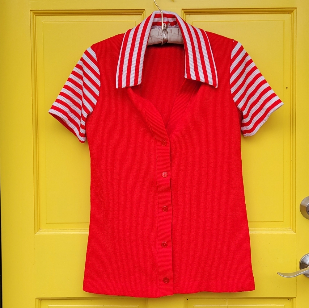 Vintage Red Ribbed Knit Polo Top White Stripe Collar Sleeves Mod Retro